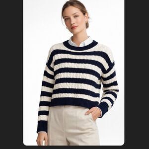 Sage + Stone Navy White Striped Cable Knit Sweater Boxy Preppy Cotton Small